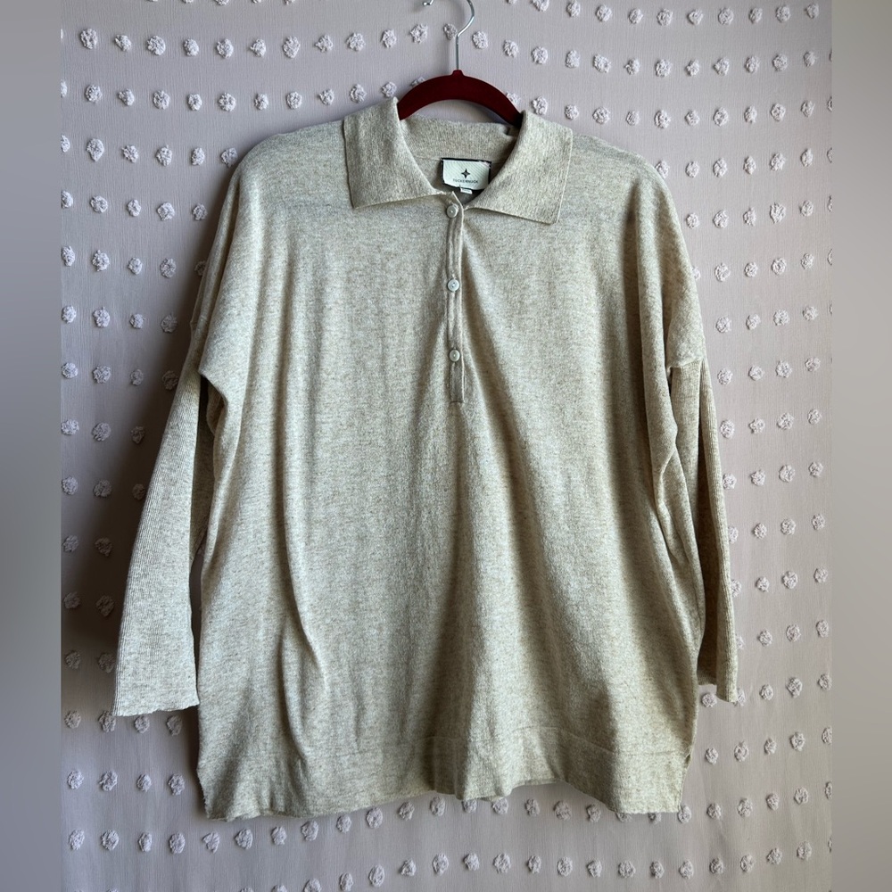 Tuckernuck Long‎ Sleeve Linen Blend Oversized Polo Sweater Sz L/XL Tan